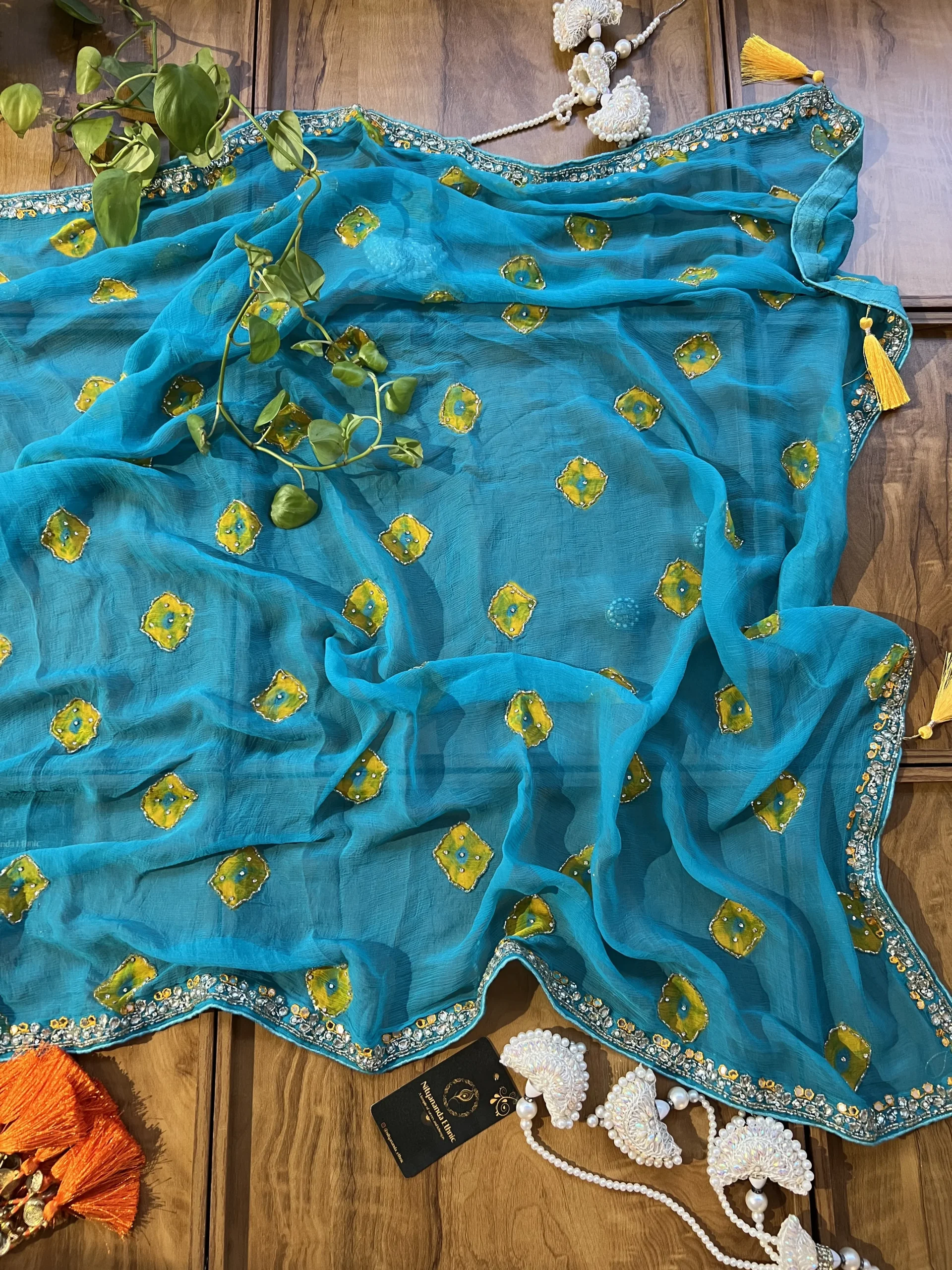 Firozi Chiffon Bandhani Handwork Lightweight Saree with Mustard Yellow Blouse