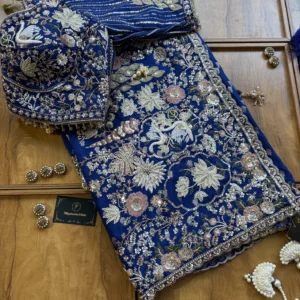 Royal Blue HO Silk Multi Resham Heavy Aanchal Handwork Saree