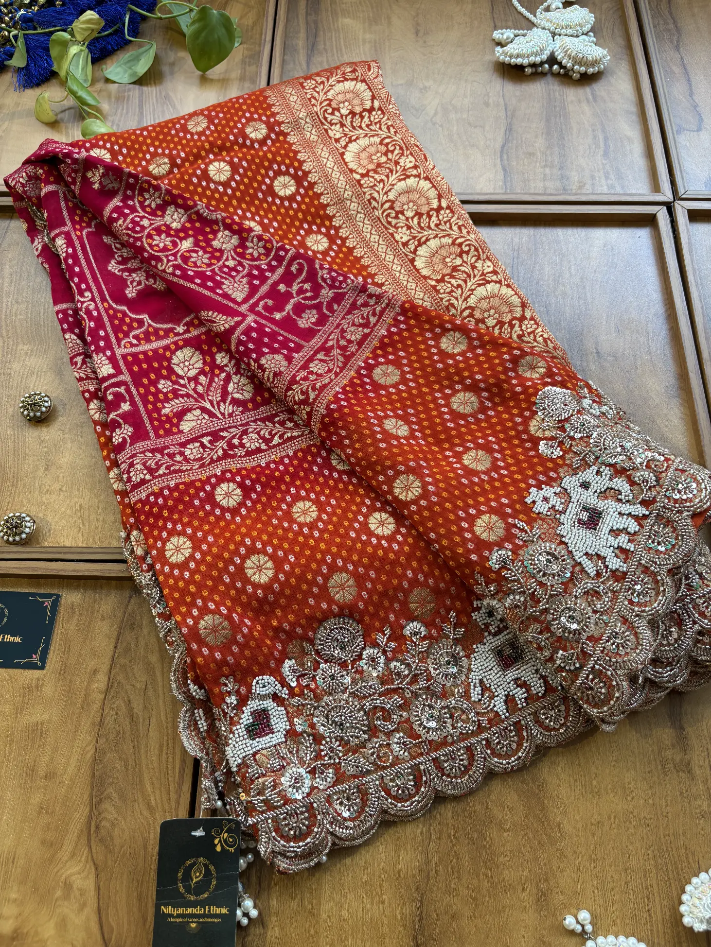 Orange Rani Ombre Georgette Khaddi Patola Hand Embroidery Saree - Image 4