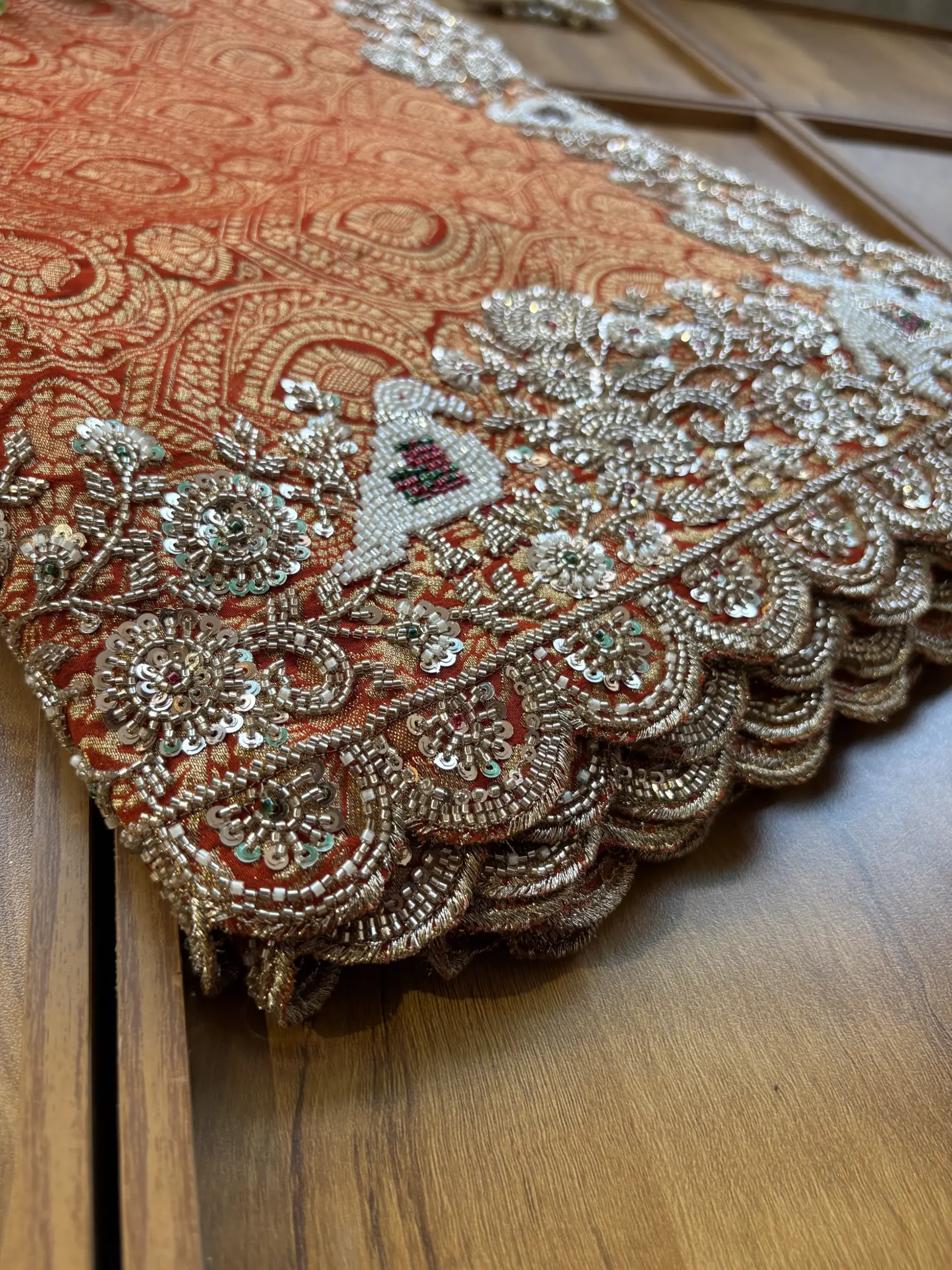 Orange Rani Ombre Georgette Khaddi Patola Hand Embroidery Saree - Image 3