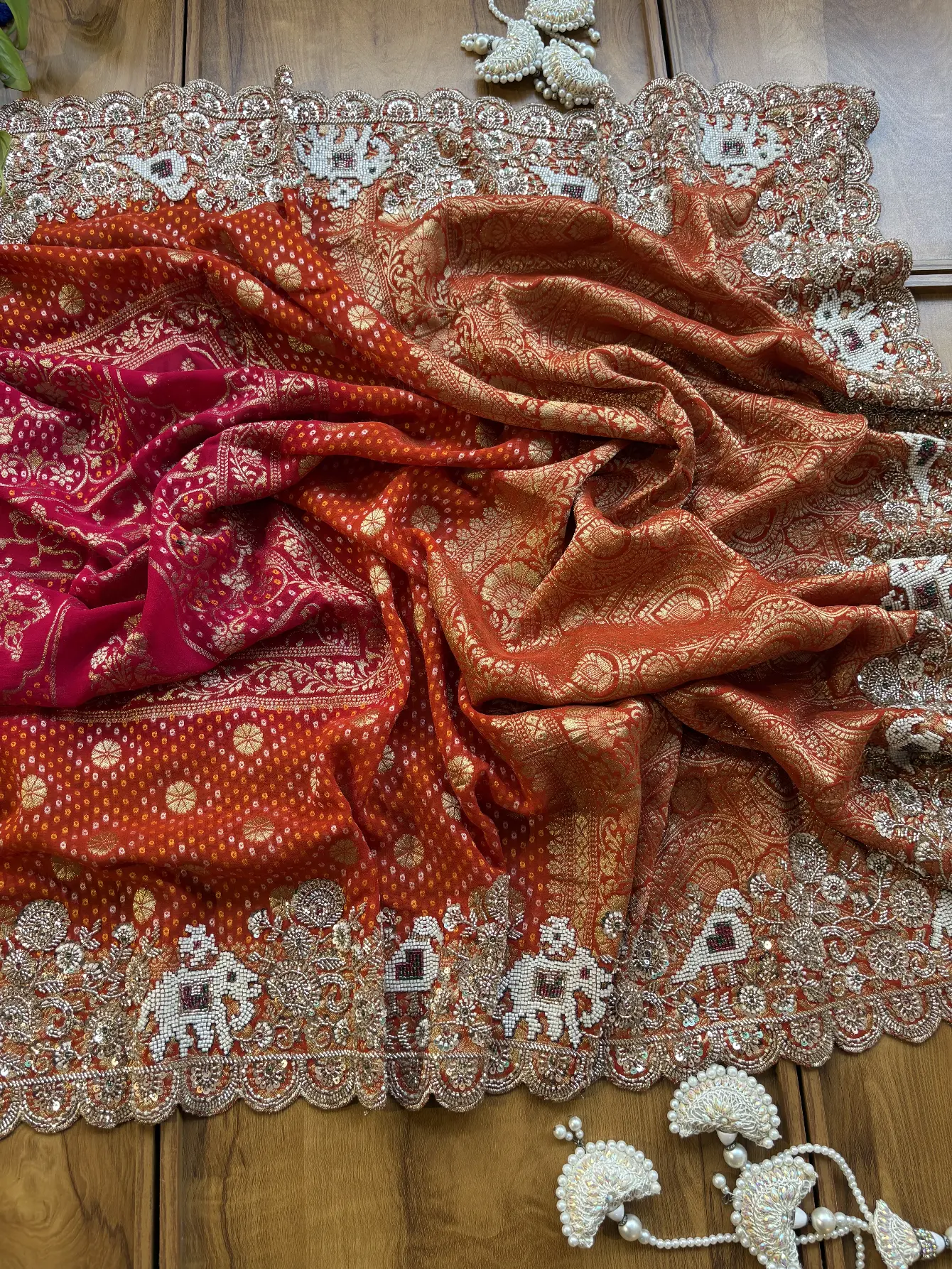 Orange Rani Ombre Georgette Khaddi Patola Hand Embroidery Saree - Image 5