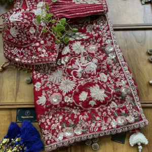 Cherry Red HO Silk Multi Resham Heavy Aanchal Handwork Saree