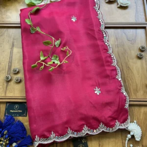 Cherry Red Crepe Silk Karwa Chauth Handwork Mirror Border Saree