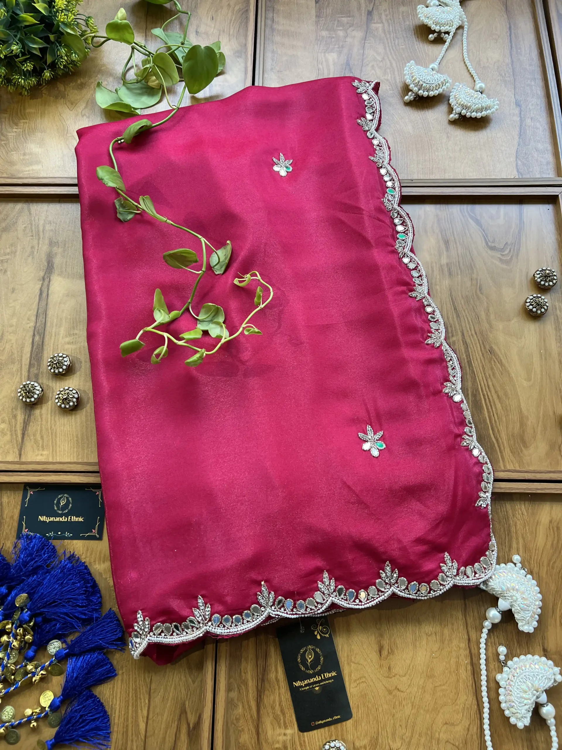 Cherry Red Crepe Silk Karwa Chauth Handwork Mirror Border Saree