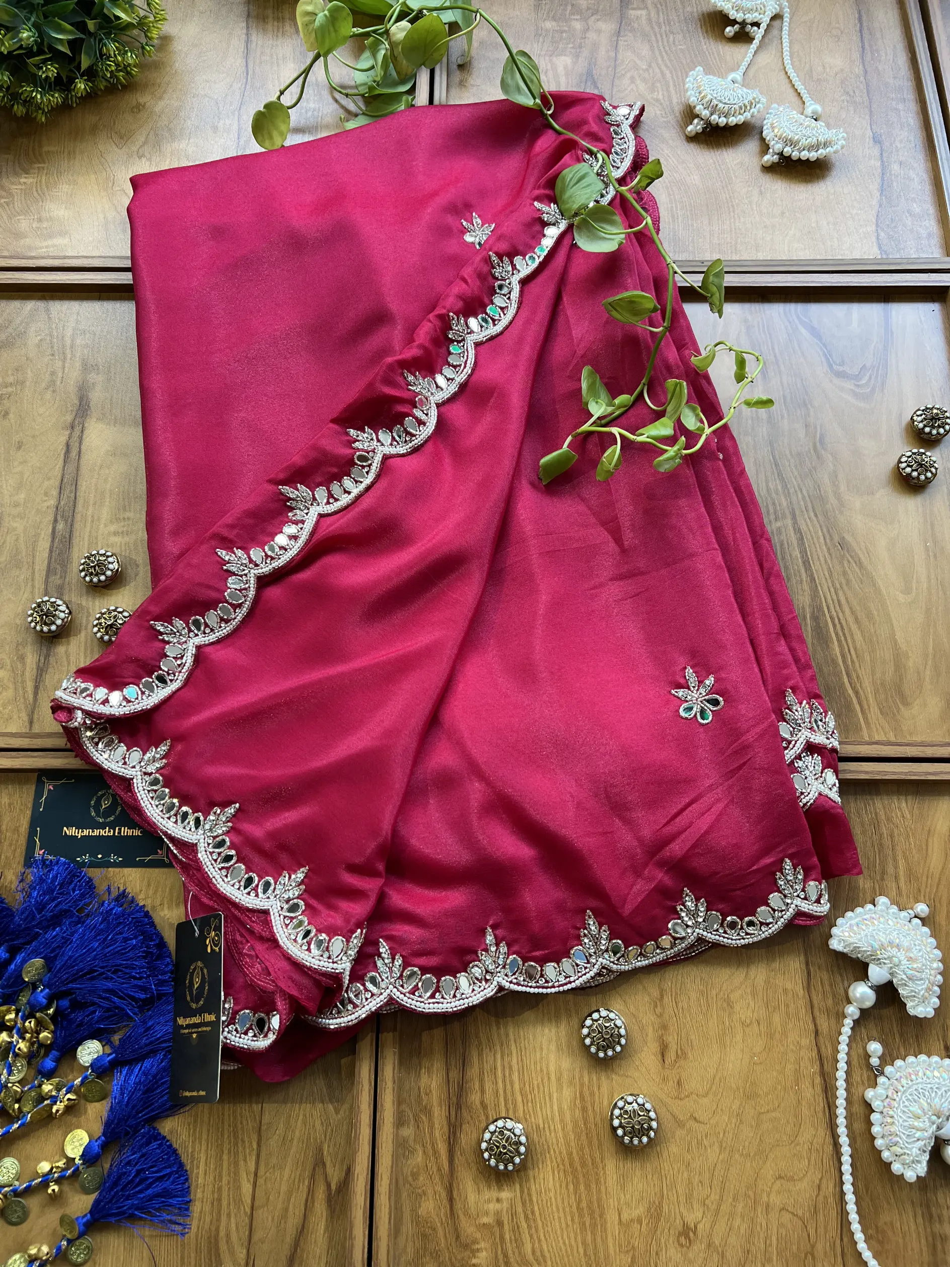 Cherry Red Crepe Silk Karwa Chauth Handwork Mirror Border Saree - Image 3