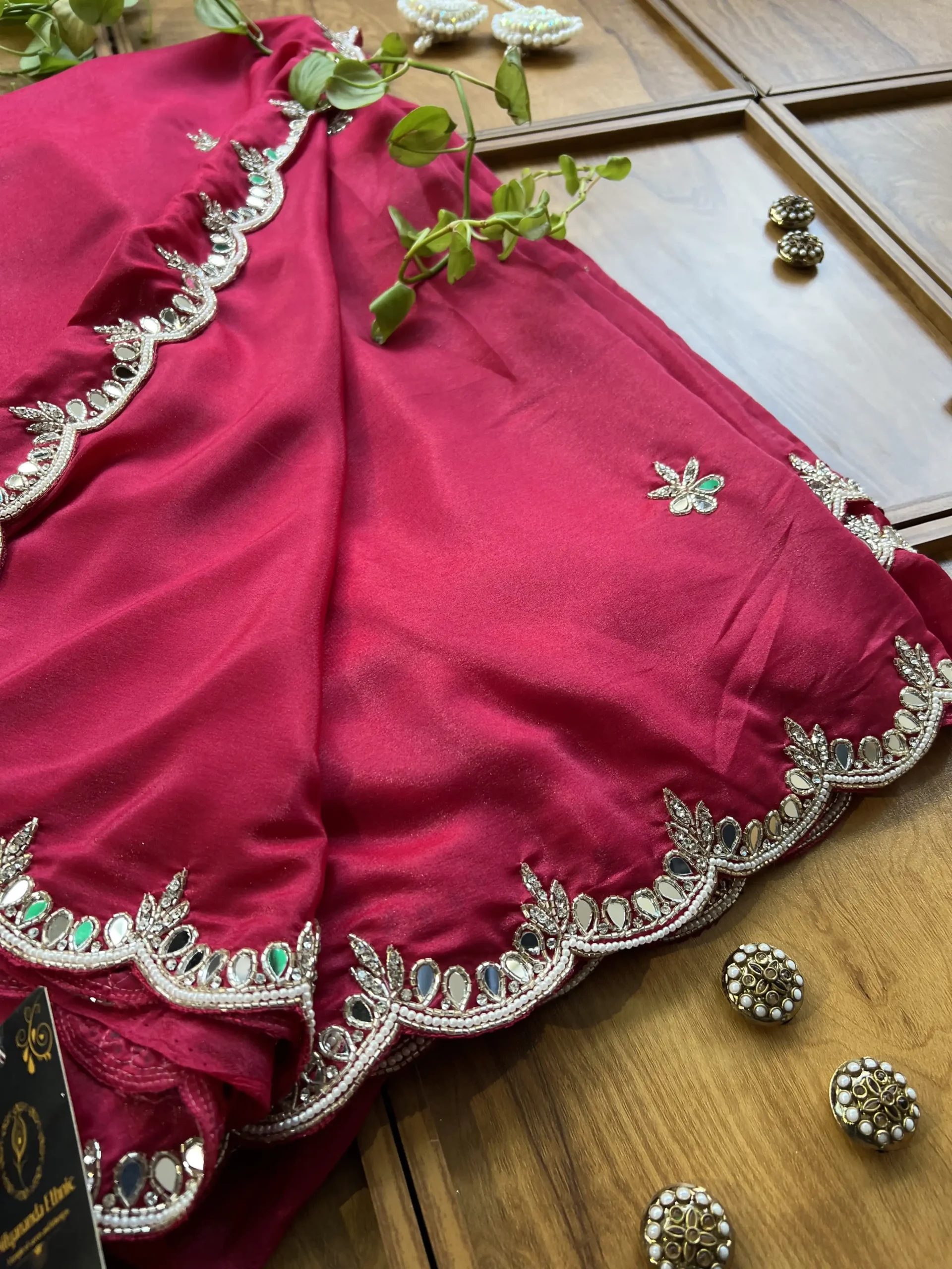 Cherry Red Crepe Silk Karwa Chauth Handwork Mirror Border Saree - Image 2