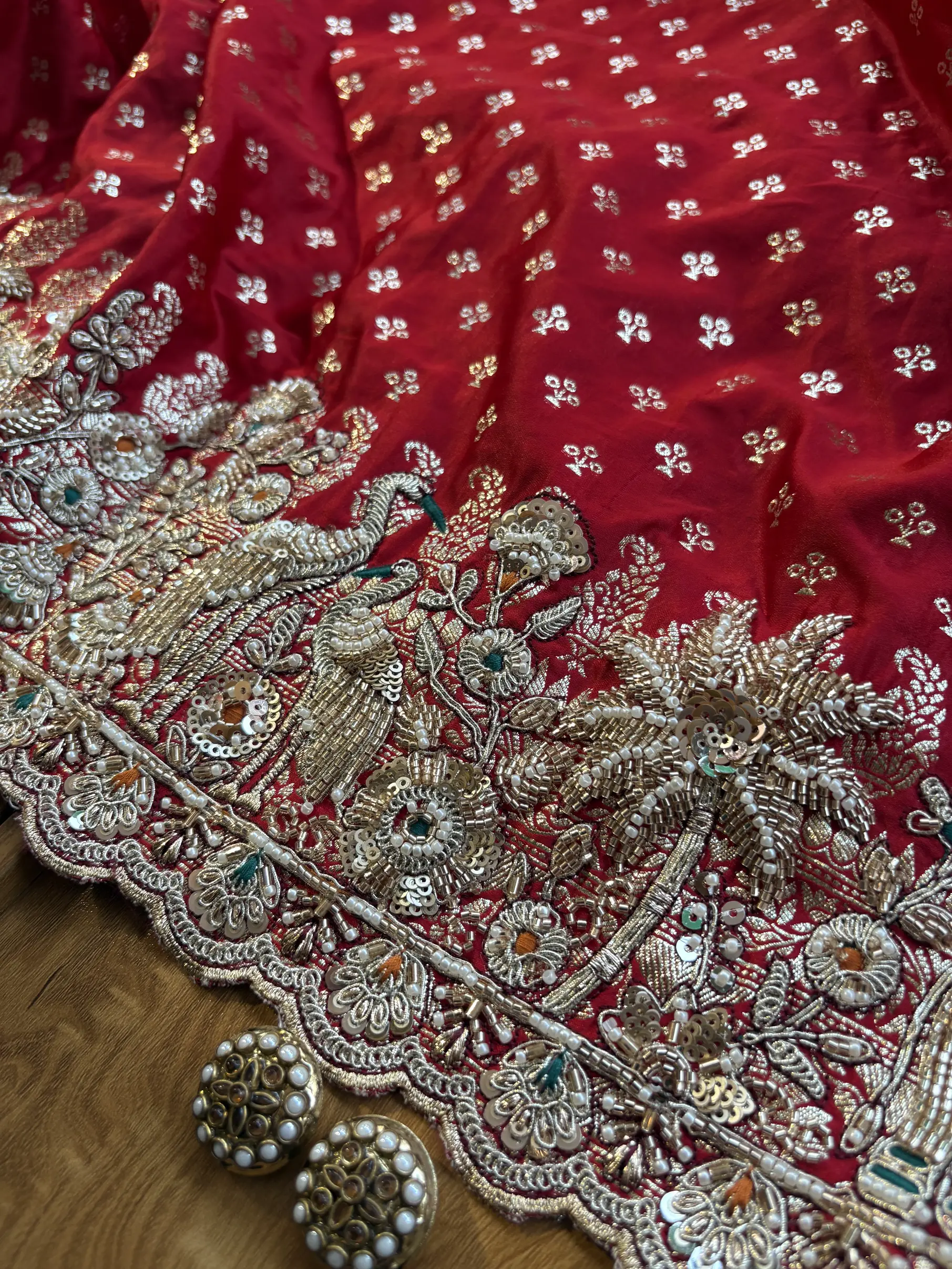 Red Satin Maharani Heavy Royal Border Jadau Handwork Saree - Image 3