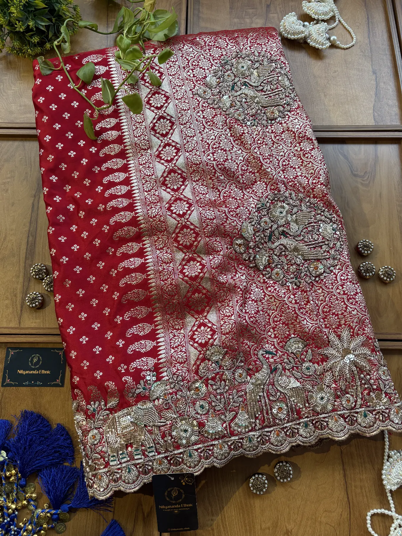 Red Satin Maharani Heavy Royal Border Jadau Handwork Saree