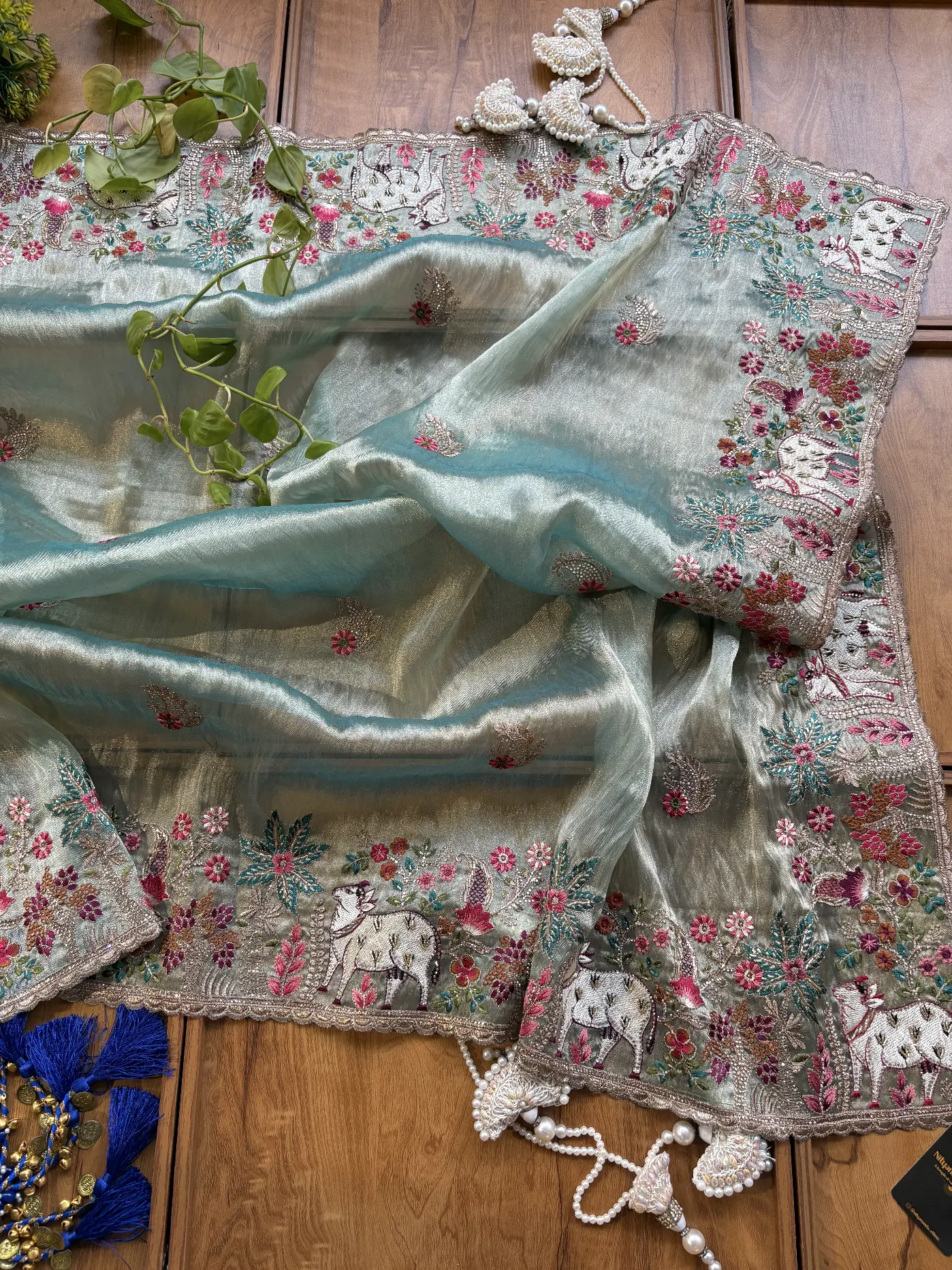 Powder Blue Gaiya Heavy Resham Handwork Border Saree - Image 4