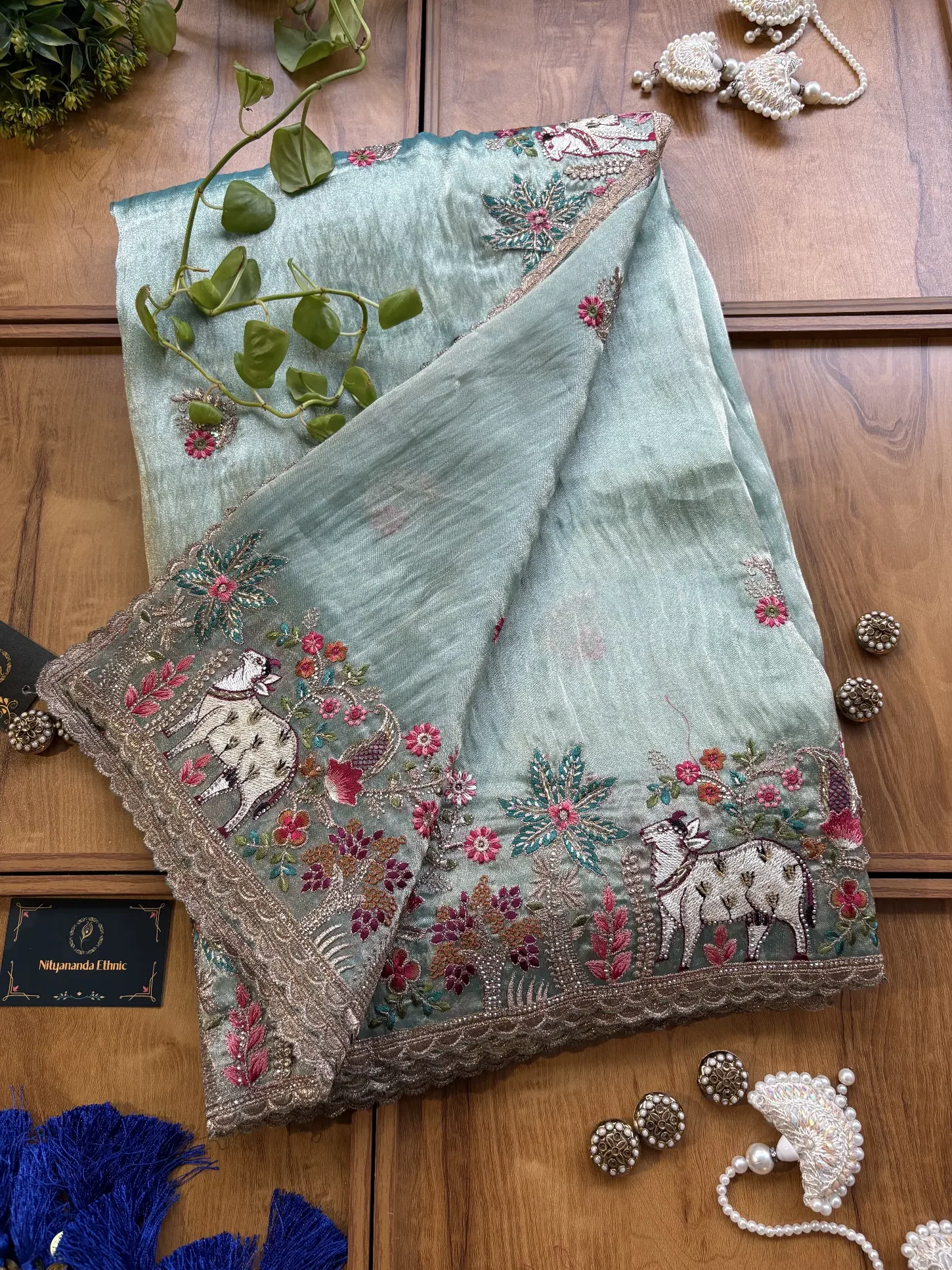 Powder Blue Gaiya Heavy Resham Handwork Border Saree - Image 3