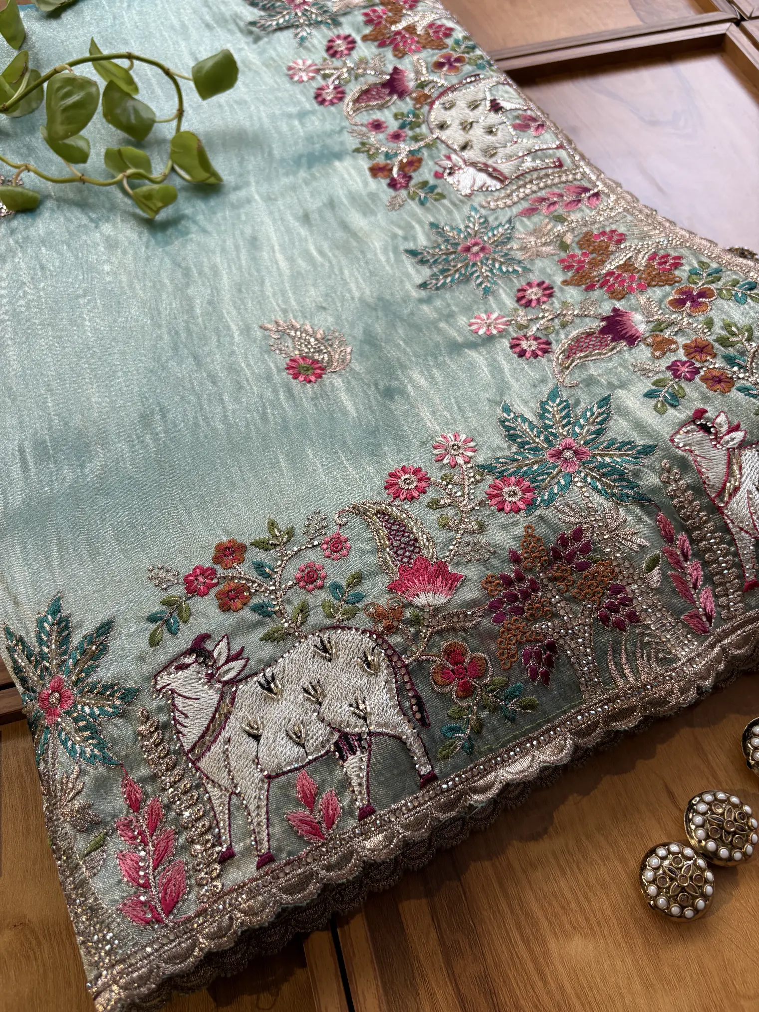 Powder Blue Gaiya Heavy Resham Handwork Border Saree - Image 2