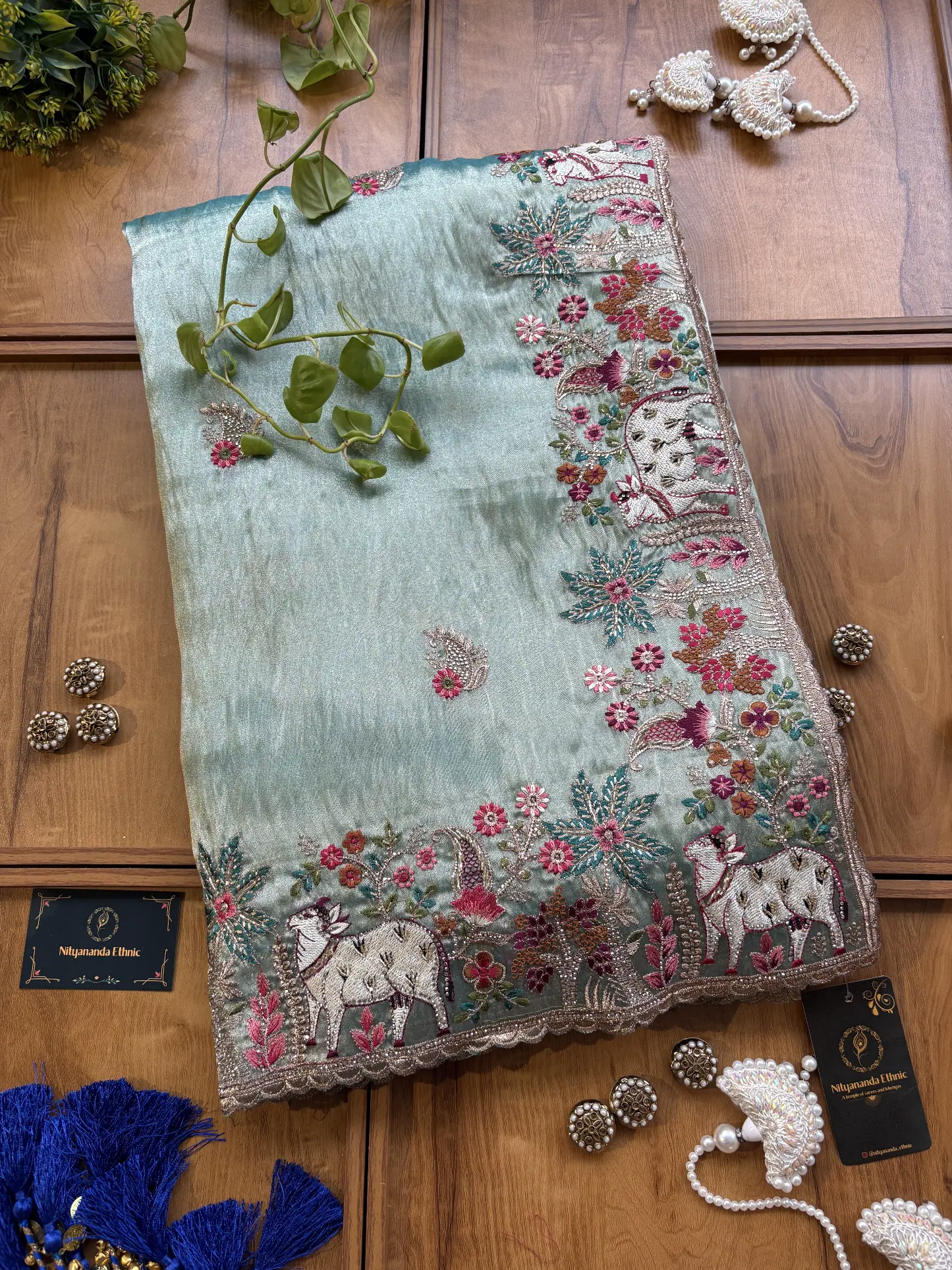 Powder Blue Gaiya Heavy Resham Handwork Border Saree