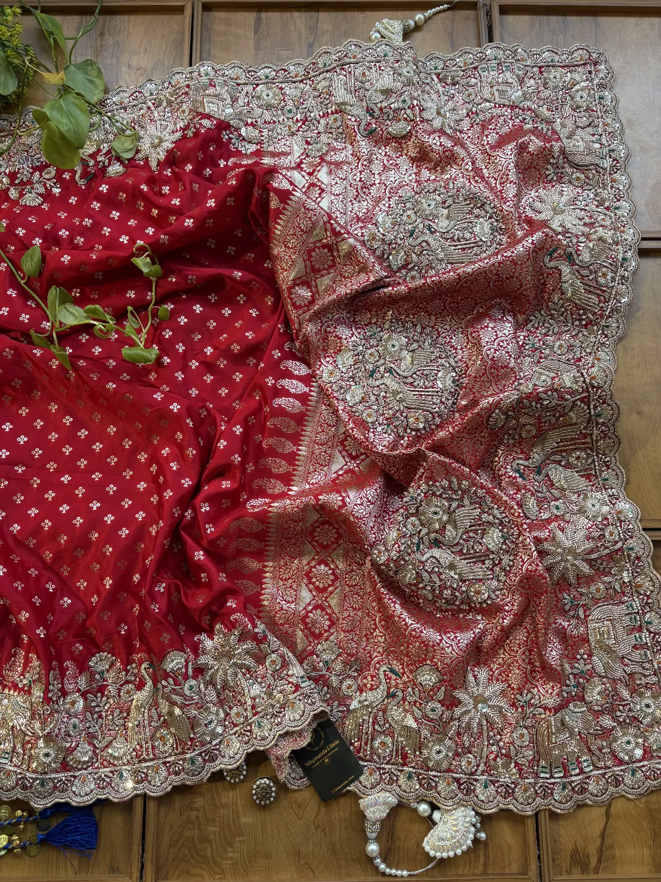 Red Satin Maharani Heavy Royal Border Jadau Handwork Saree - Image 6
