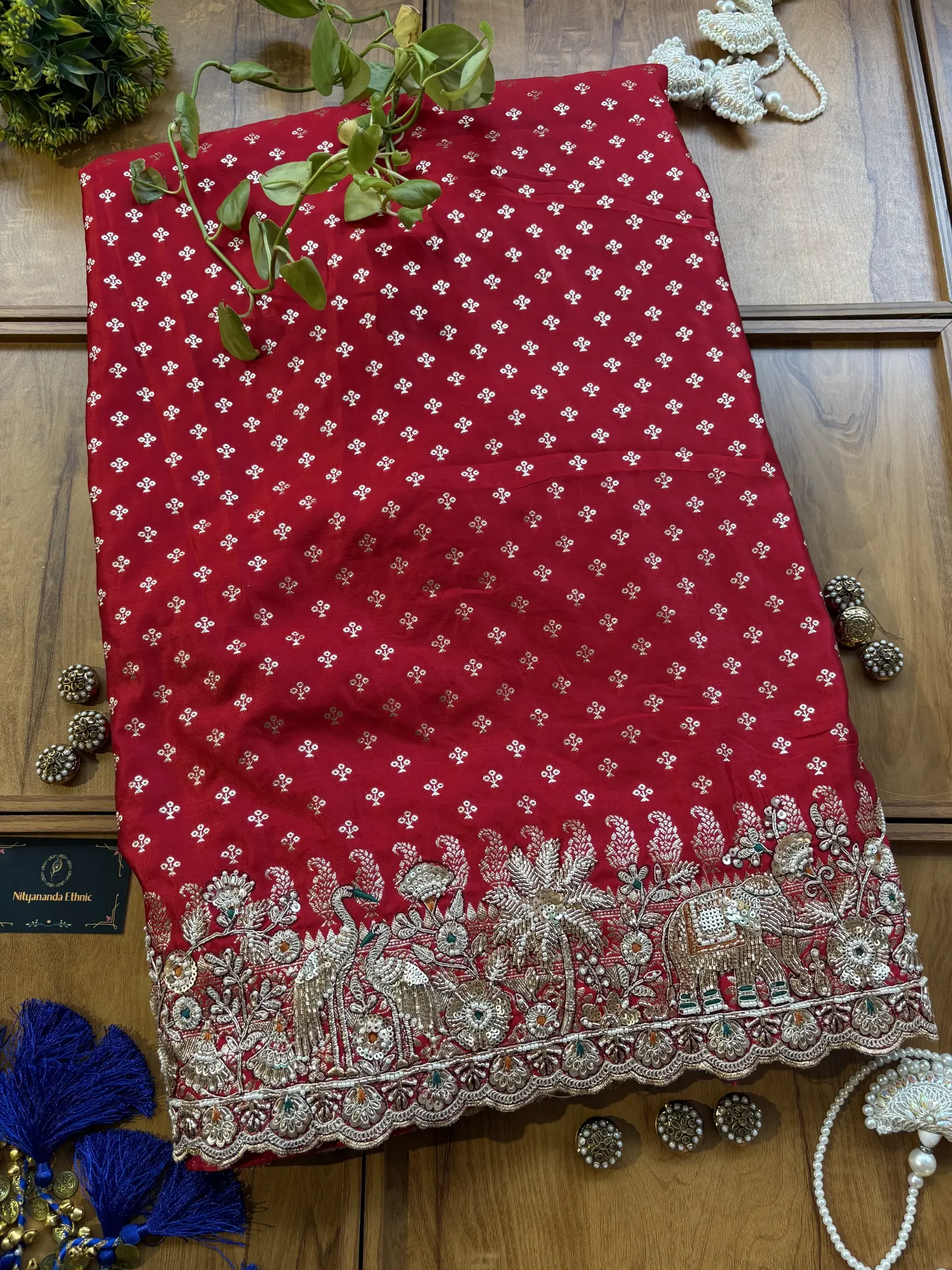 Red Satin Maharani Heavy Royal Border Jadau Handwork Saree - Image 2