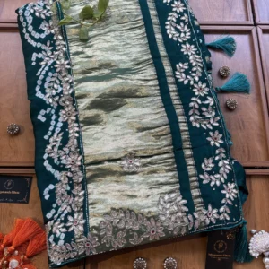 Green Gajji Silk Lakdi Patta Handwork Bandhani Gota Saree