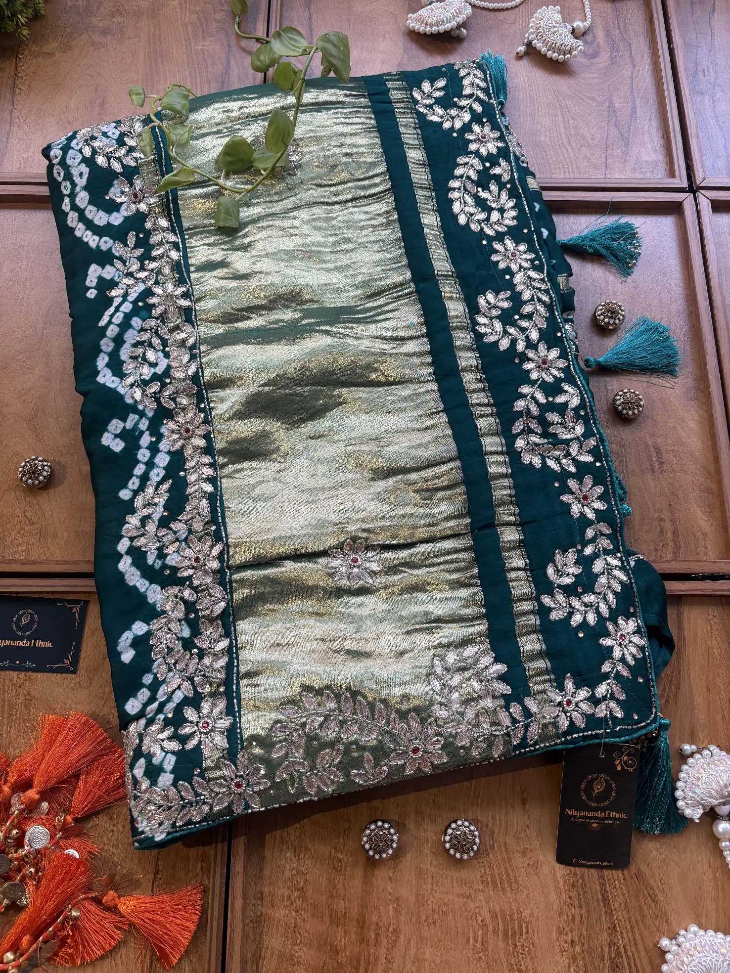 Green Gajji Silk Lakdi Patta Handwork Bandhani Gota Saree