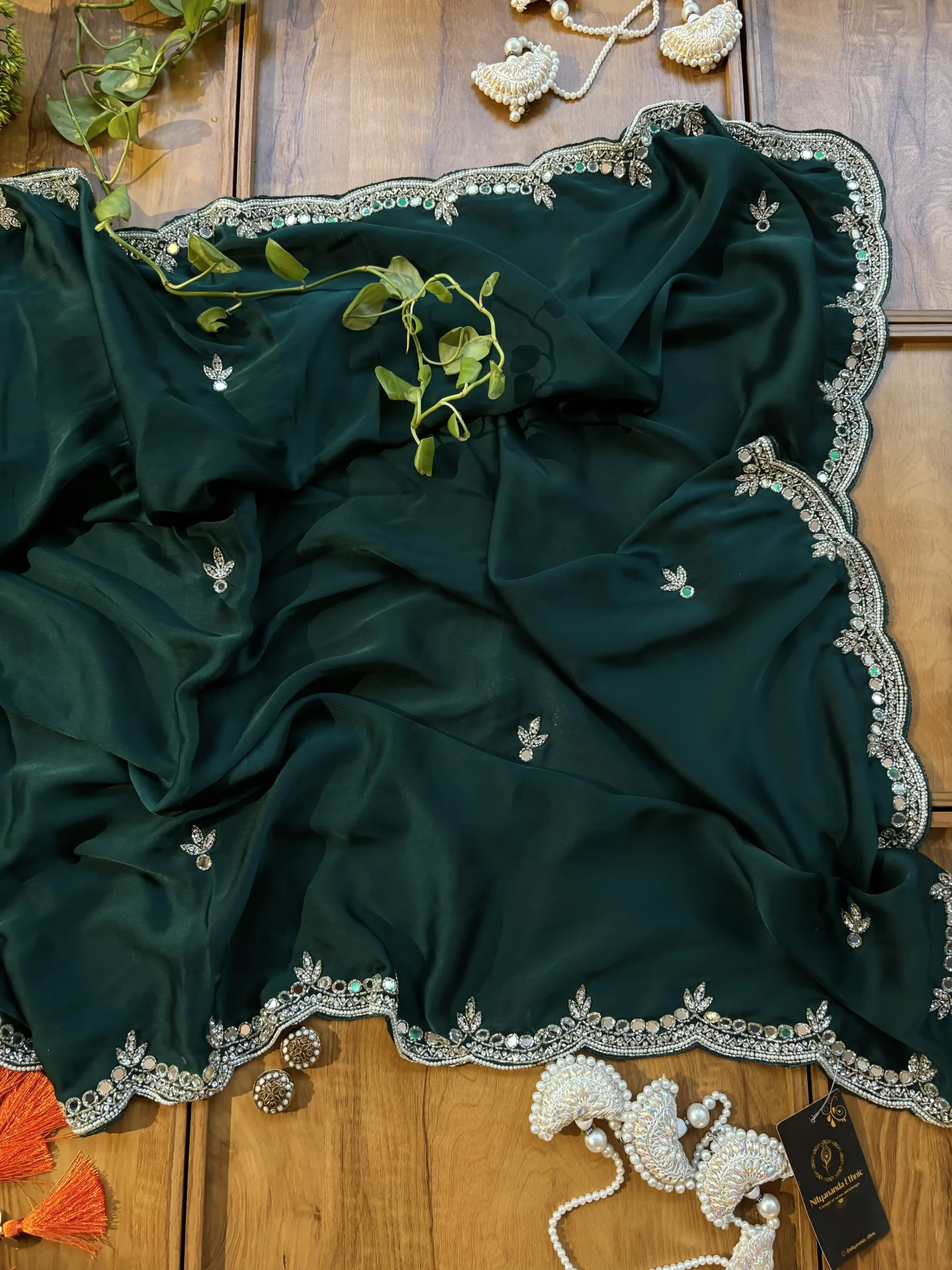 Green Satin Silk Karwa Chauth Handwork Mirror Border Saree - Image 4