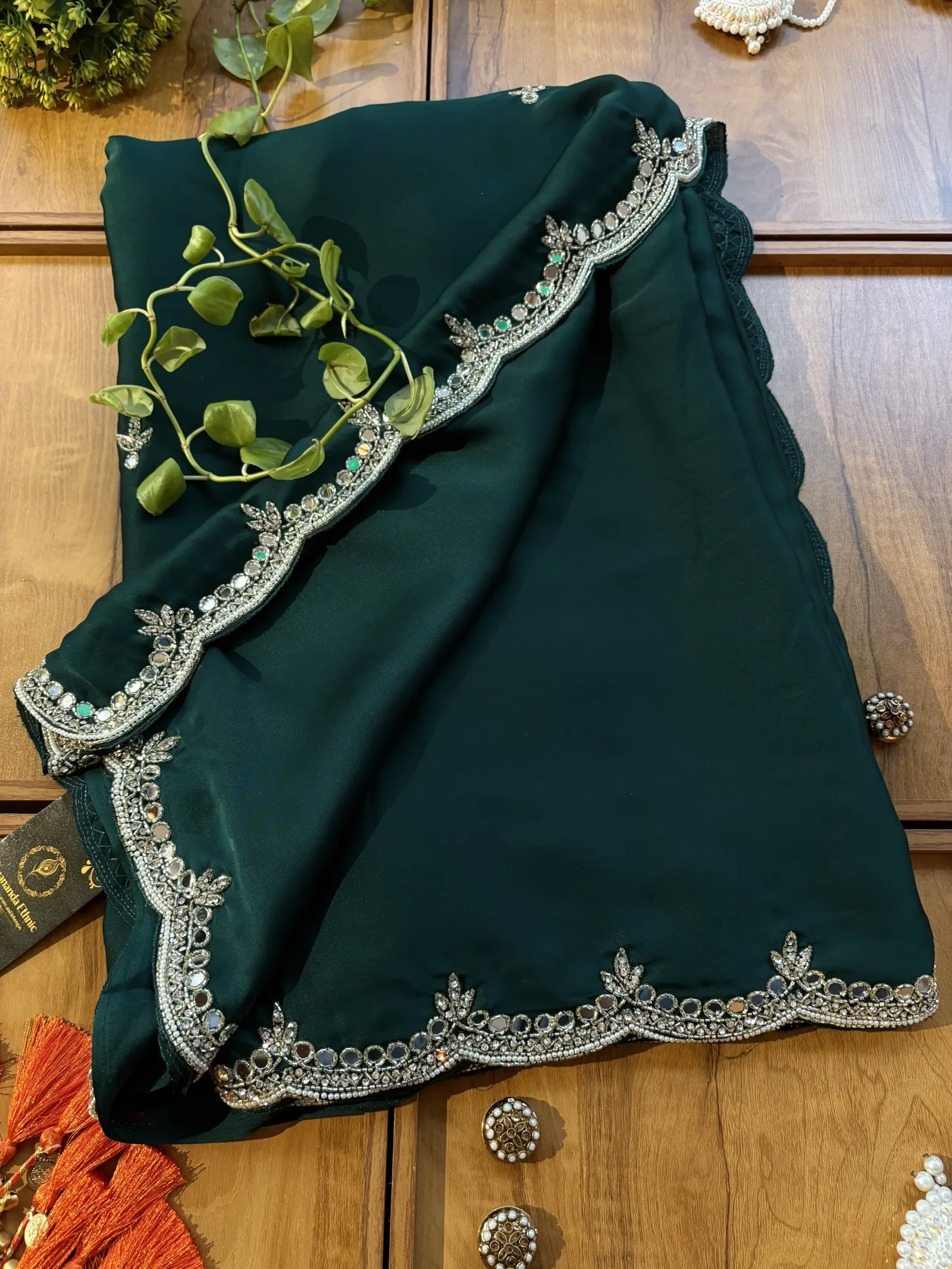 Green Satin Silk Karwa Chauth Handwork Mirror Border Saree - Image 3
