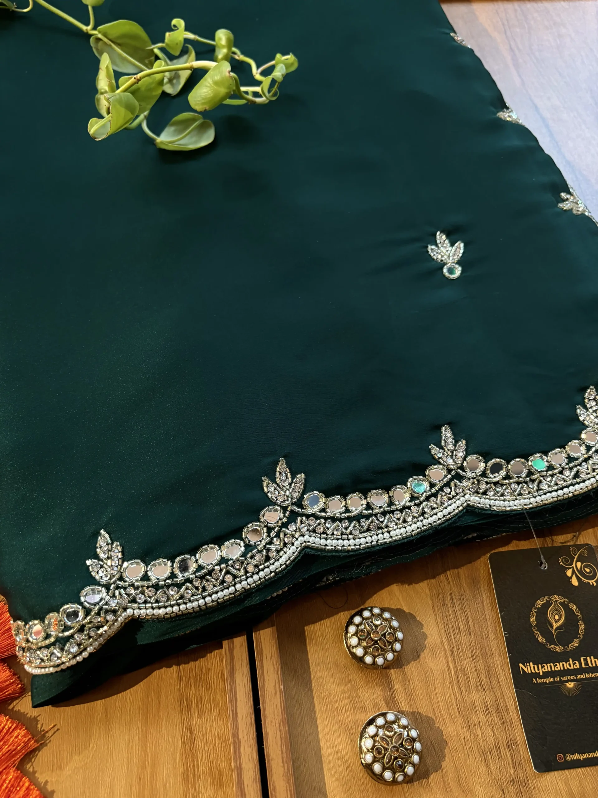 Green Satin Silk Karwa Chauth Handwork Mirror Border Saree - Image 2
