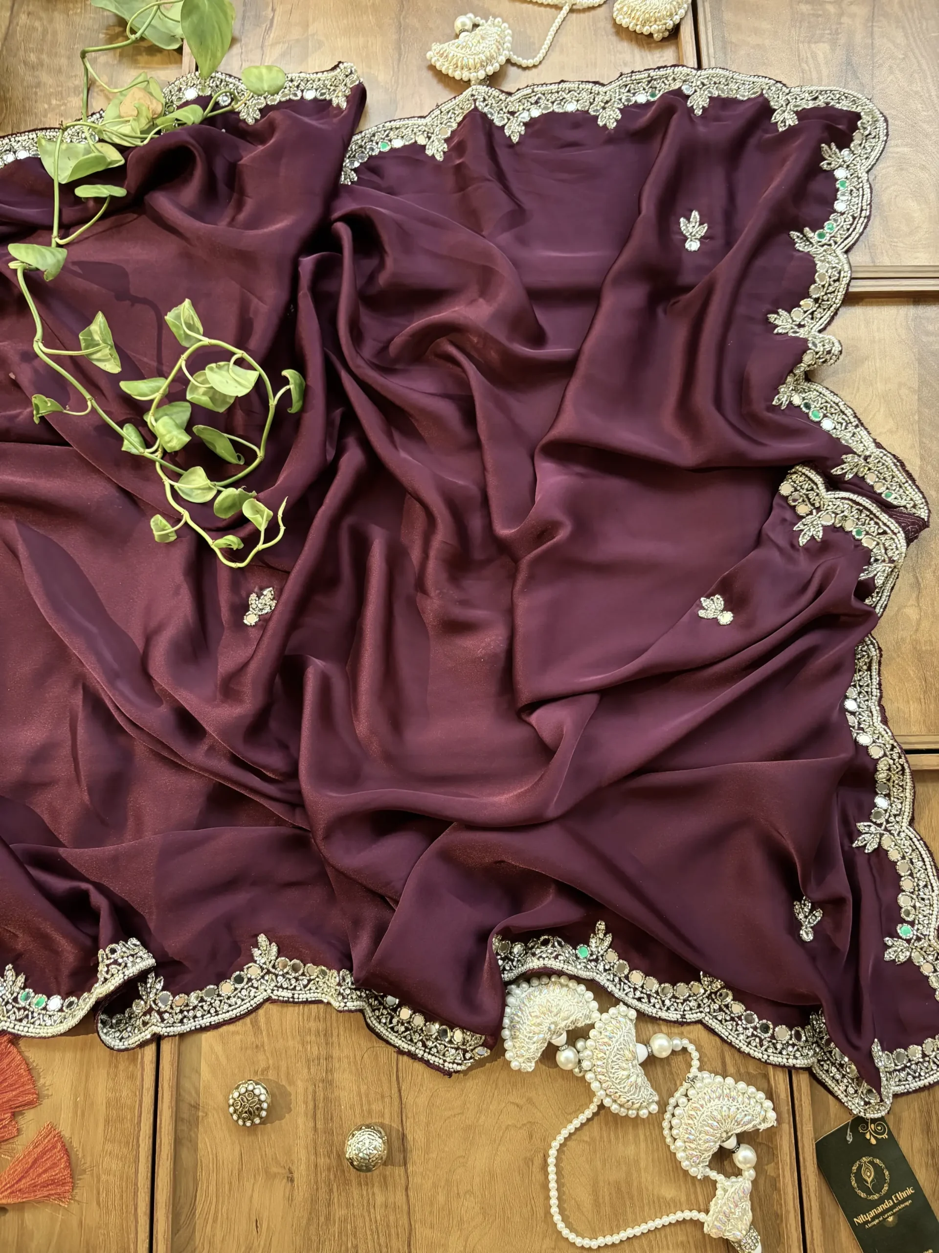 Wine Satin Silk Karwa Chauth Handwork Mirror Border Saree - Image 3