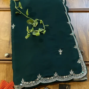 Green Satin Silk Karwa Chauth Handwork Mirror Border Saree