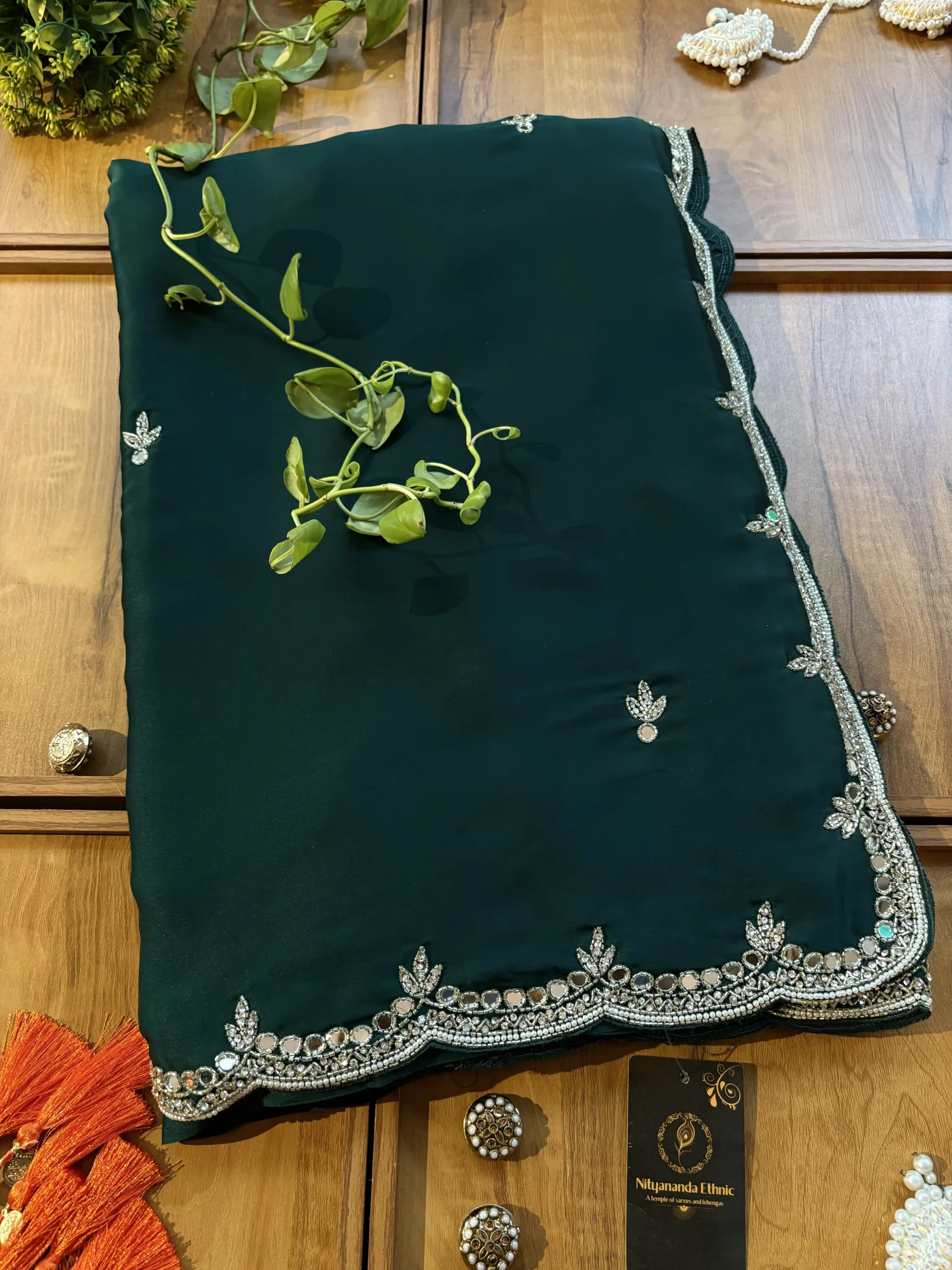 Green Satin Silk Karwa Chauth Handwork Mirror Border Saree