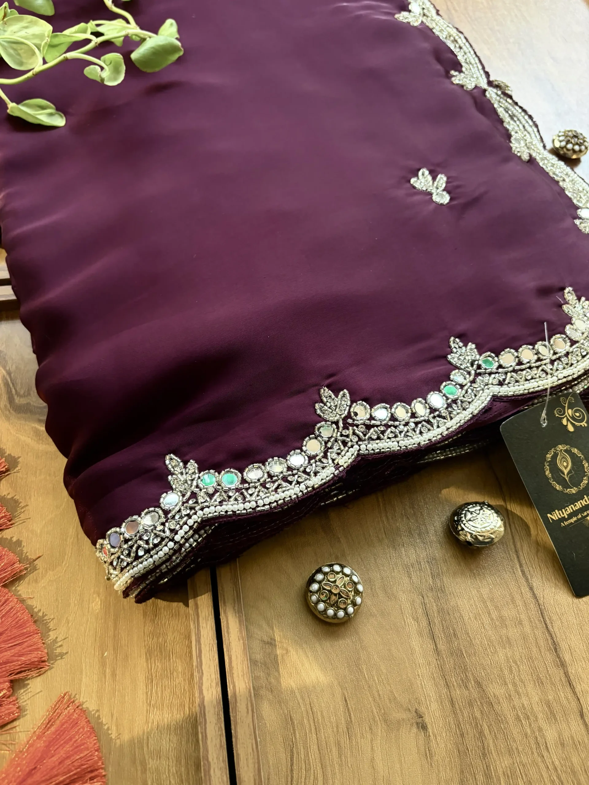 Wine Satin Silk Karwa Chauth Handwork Mirror Border Saree - Image 2