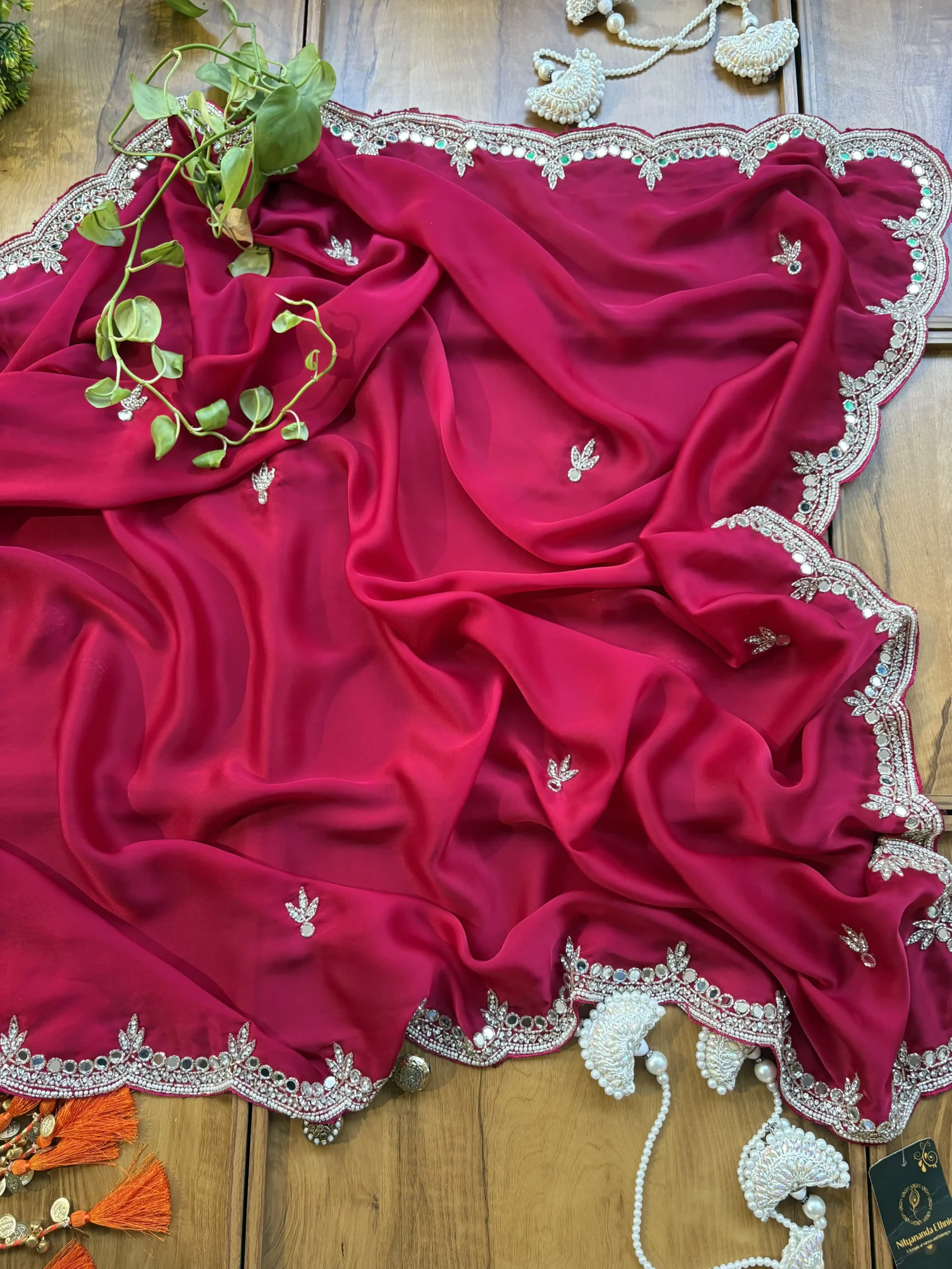 Cherry Red Satin Silk Karwa Chauth Handwork Mirror Border Saree - Image 4