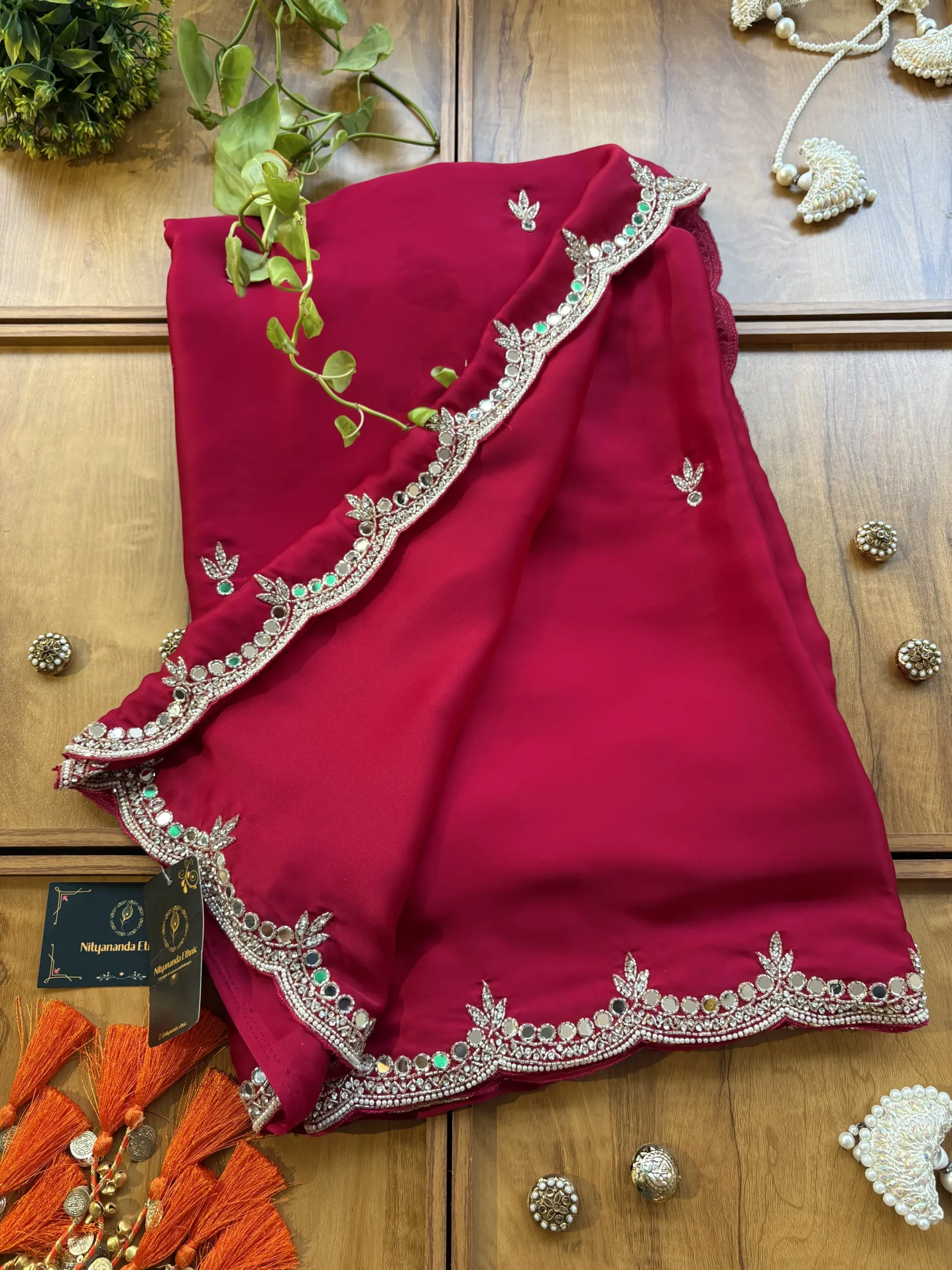 Cherry Red Satin Silk Karwa Chauth Handwork Mirror Border Saree - Image 3