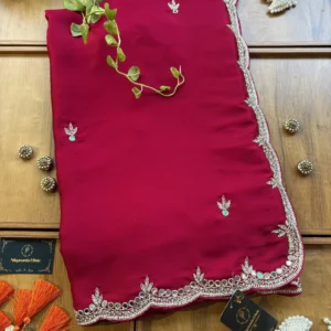 Cherry Red Satin Silk Karwa Chauth Handwork Mirror Border Saree