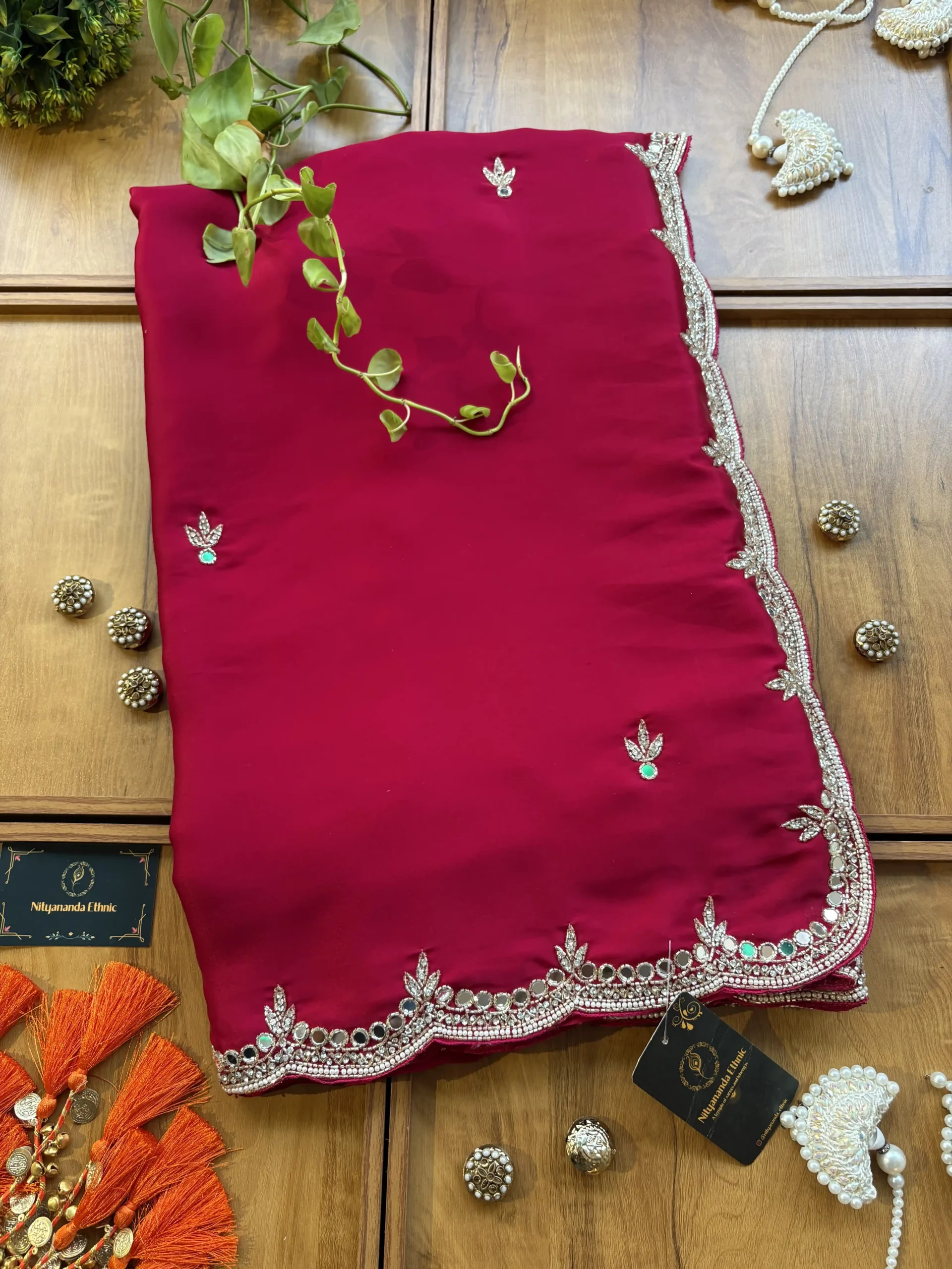 Cherry Red Satin Silk Karwa Chauth Handwork Mirror Border Saree