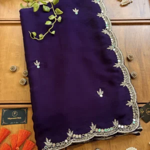 Purple Satin Silk Karwa Chauth Handwork Mirror Border Saree