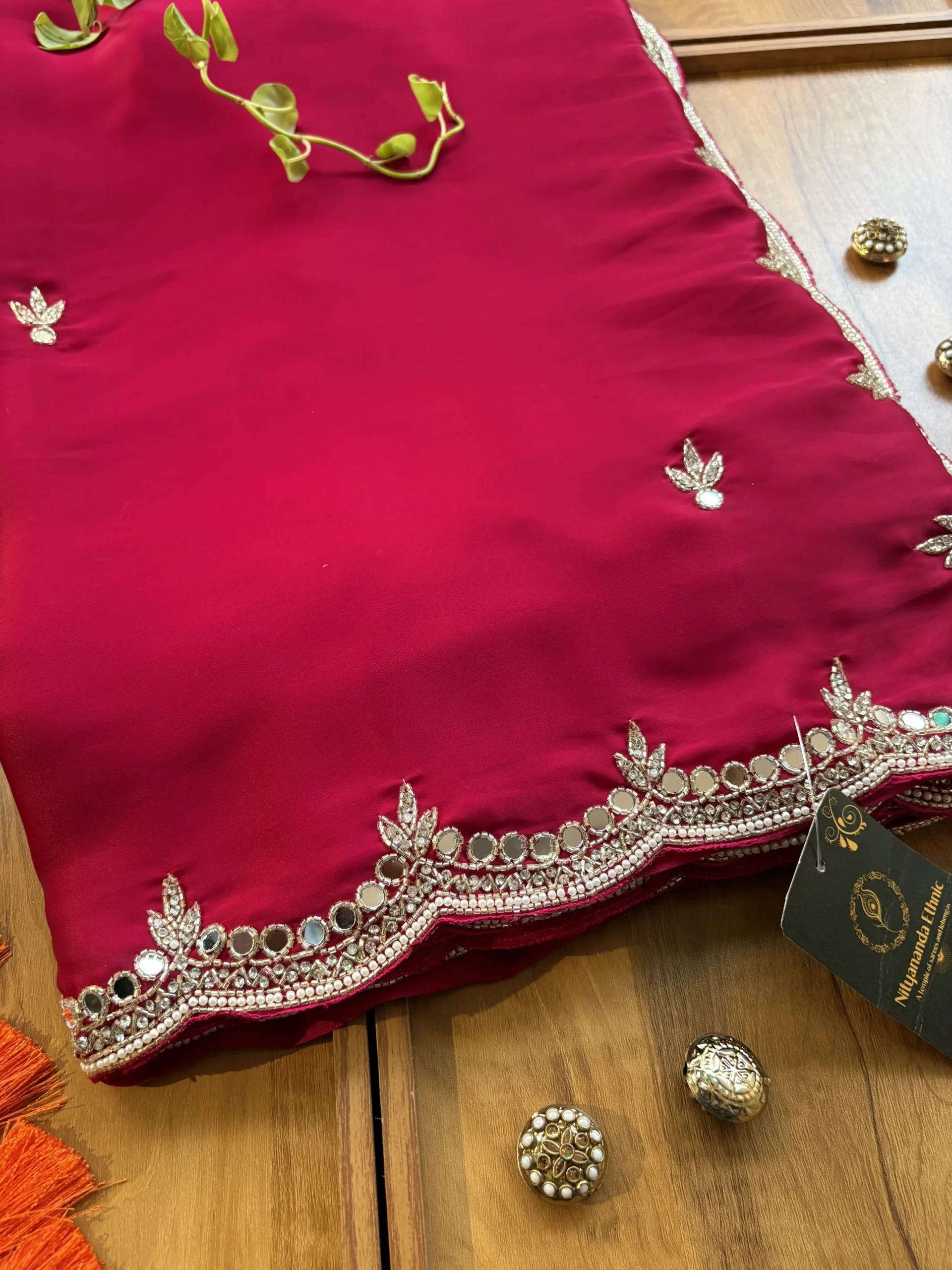 Cherry Red Satin Silk Karwa Chauth Handwork Mirror Border Saree - Image 2