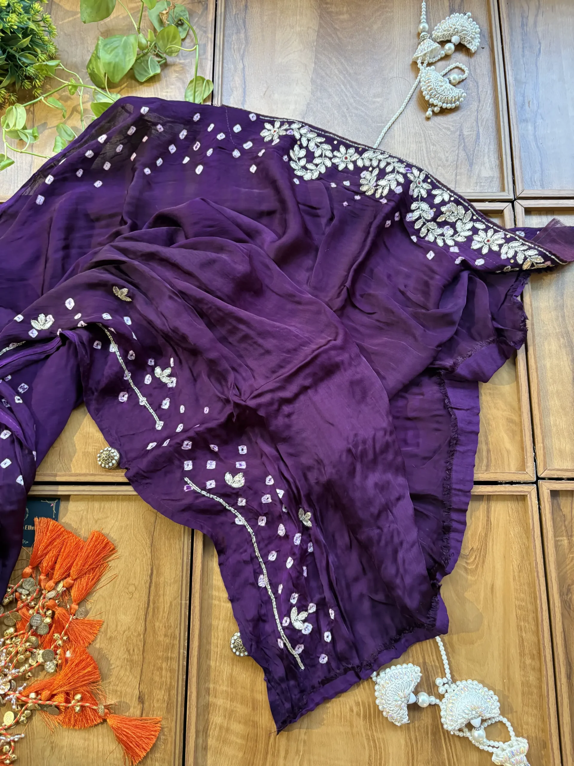 Purple Gajji Silk Lakdi Patta Handwork Bandhani Gota Saree - Image 5