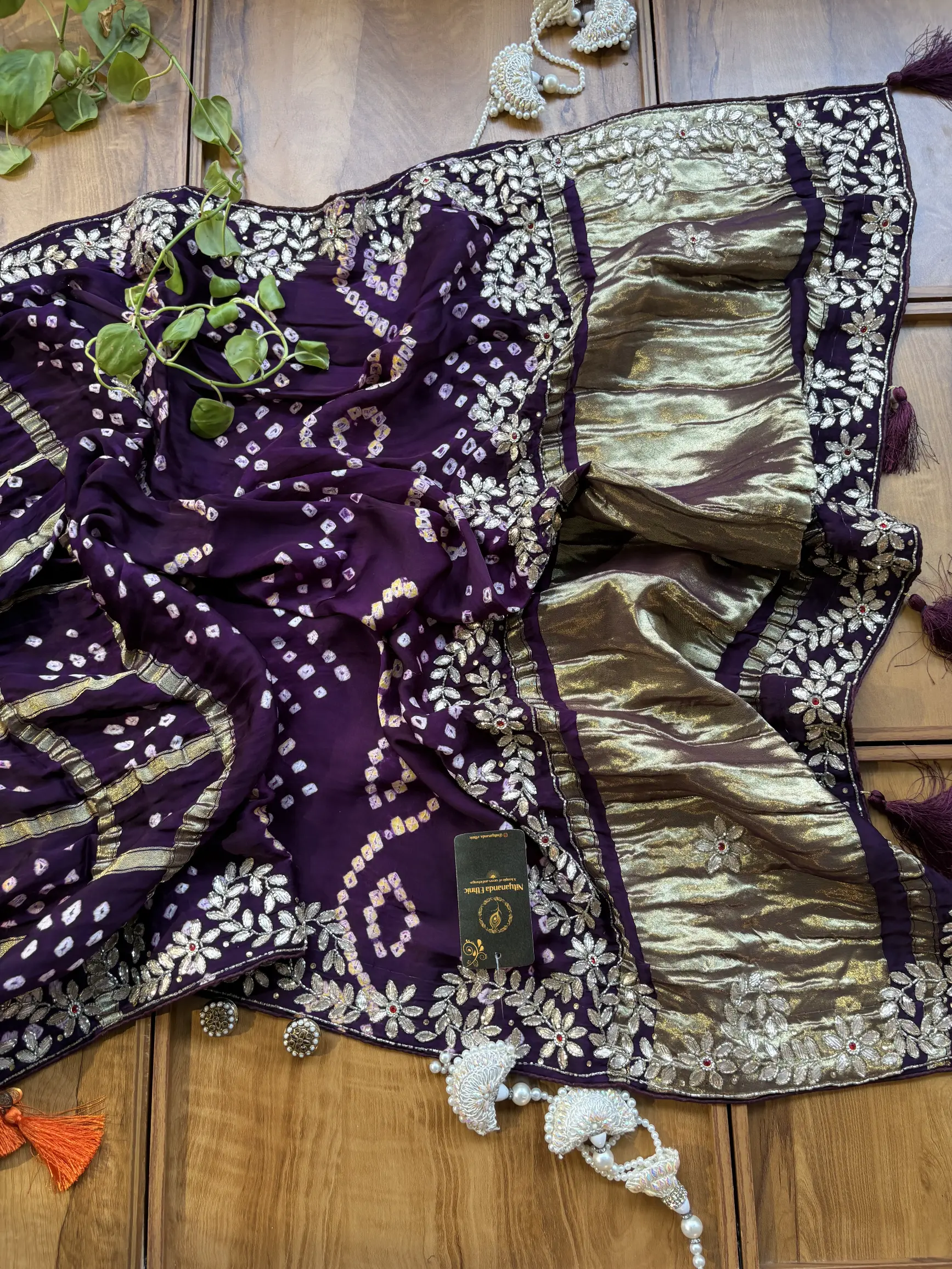 Purple Gajji Silk Lakdi Patta Handwork Bandhani Gota Saree - Image 4