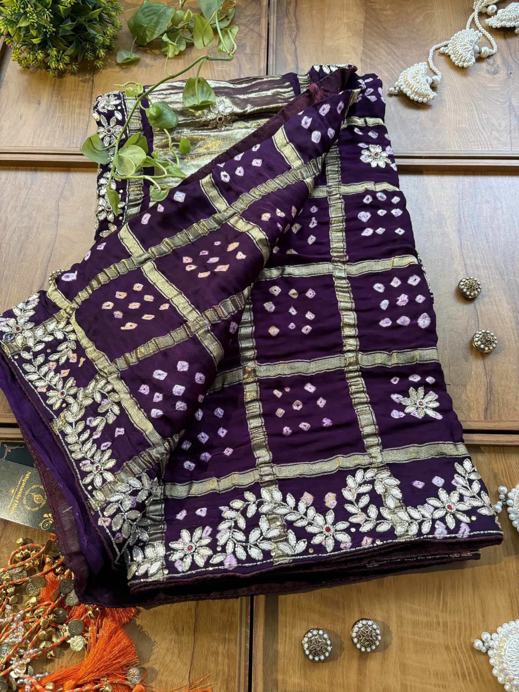 Purple Gajji Silk Lakdi Patta Handwork Bandhani Gota Saree - Image 3