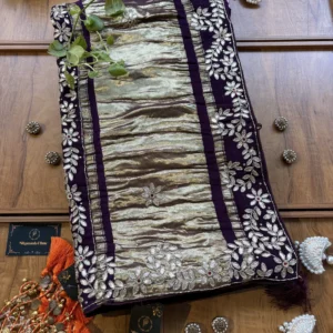 Purple Gajji Silk Lakdi Patta Handwork Bandhani Gota Saree