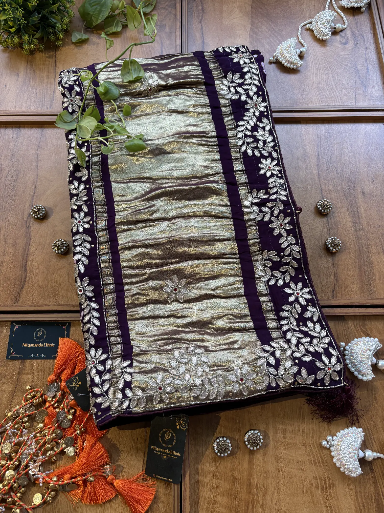 Purple Gajji Silk Lakdi Patta Handwork Bandhani Gota Saree