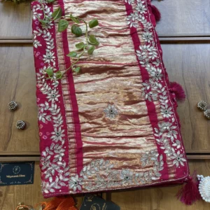 Gajri Gajji Silk Lakdi Patta Handwork Bandhani Gota Saree