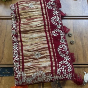 Maroon Gajji Silk Lakdi Patta Handwork Bandhani Gota Saree