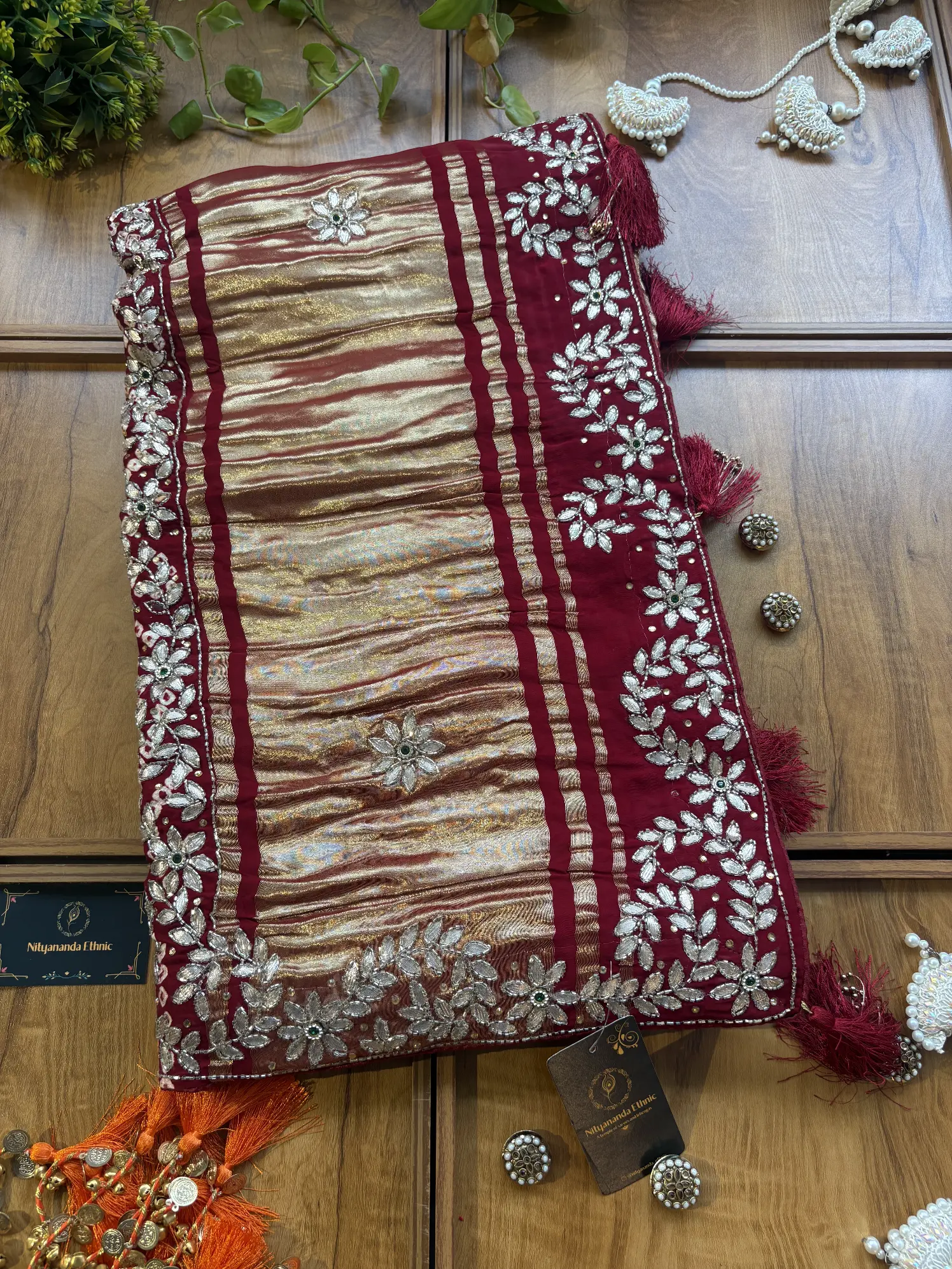 Maroon Gajji Silk Lakdi Patta Handwork Bandhani Gota Saree