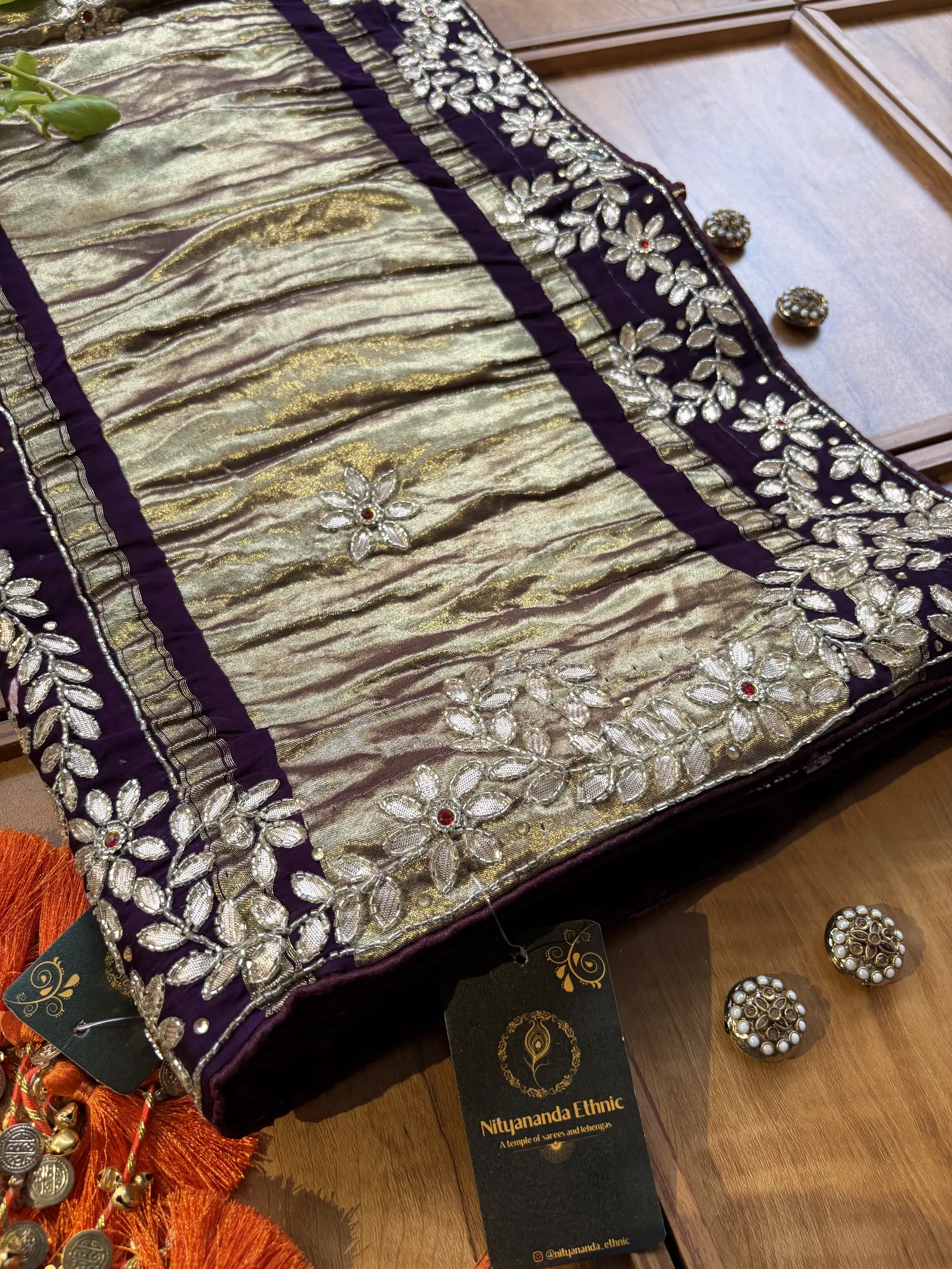 Purple Gajji Silk Lakdi Patta Handwork Bandhani Gota Saree - Image 2