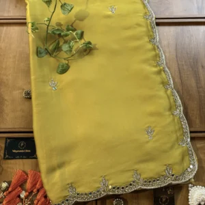Lime Yellow Satin Silk Karwa Chauth Handwork Mirror Border Saree