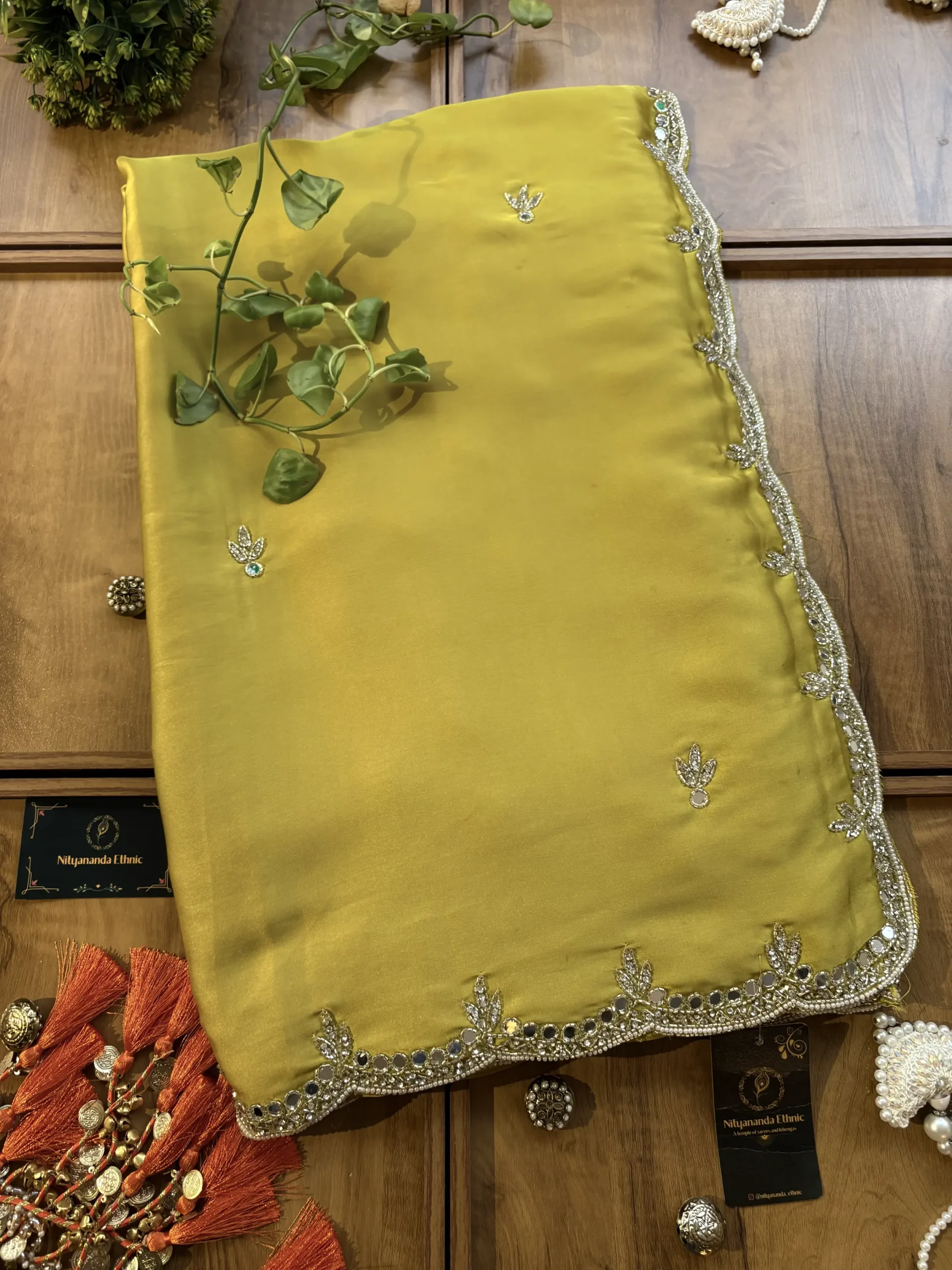 Lime Yellow Satin Silk Karwa Chauth Handwork Mirror Border Saree