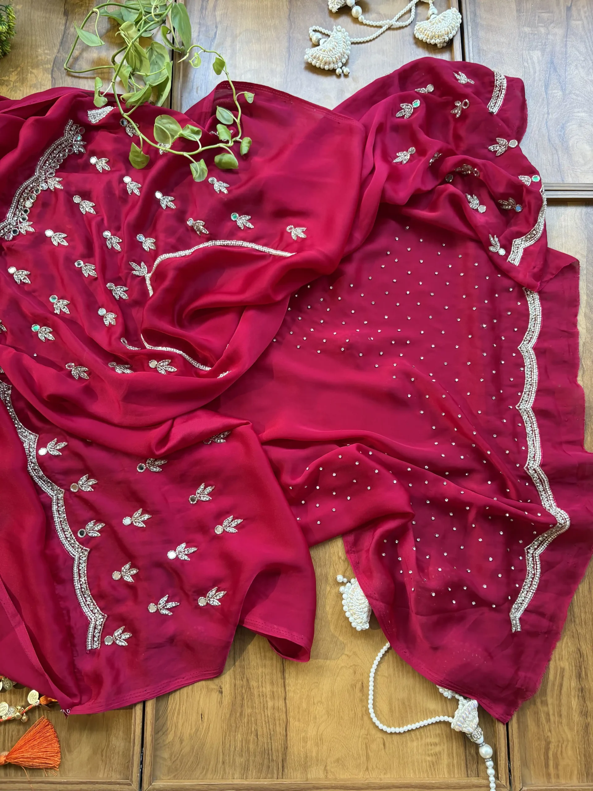 Cherry Red Satin Silk Karwa Chauth Handwork Mirror Border Saree - Image 5