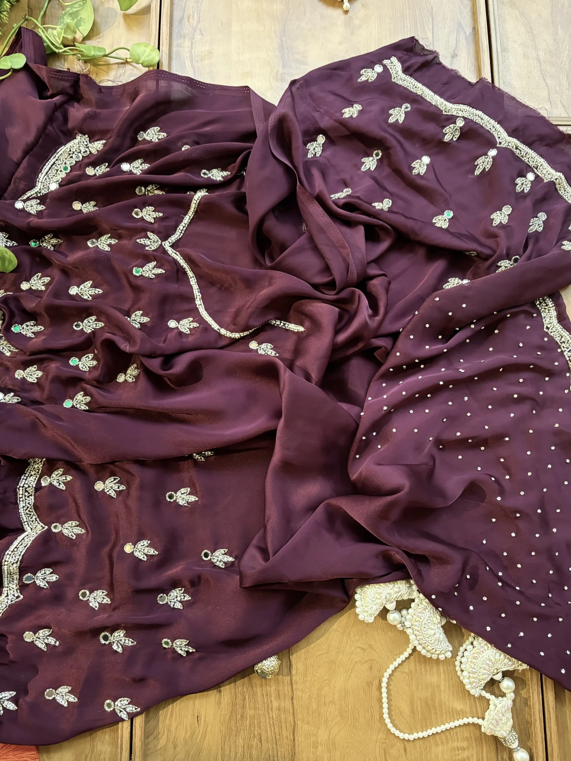 Wine Satin Silk Karwa Chauth Handwork Mirror Border Saree - Image 4
