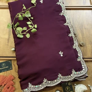 Wine Satin Silk Karwa Chauth Handwork Mirror Border Saree