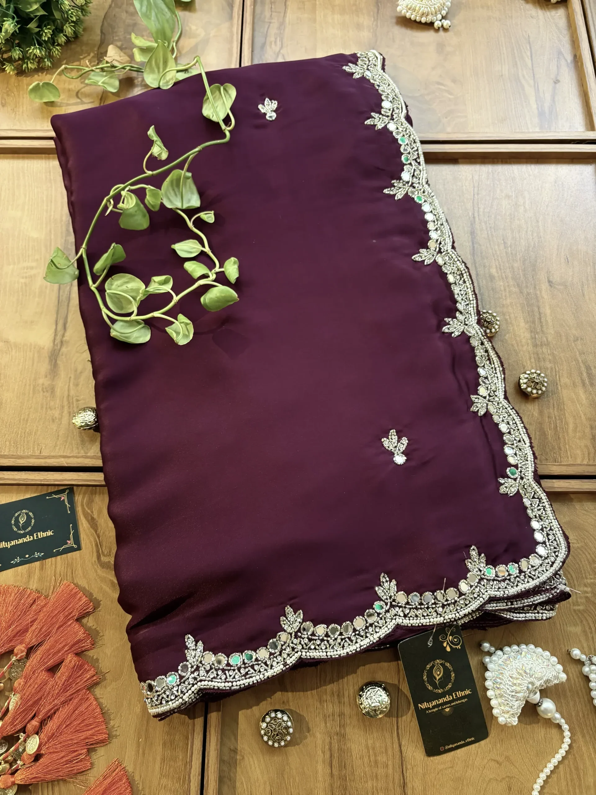 Wine Satin Silk Karwa Chauth Handwork Mirror Border Saree