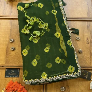 Green Chiffon Bandhani Handwork Lightweight Saree with Mustard Yellow Blouse