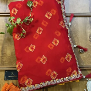 Red Chiffon Bandhani Handwork Lightweight Saree with Mustard Yellow Blouse